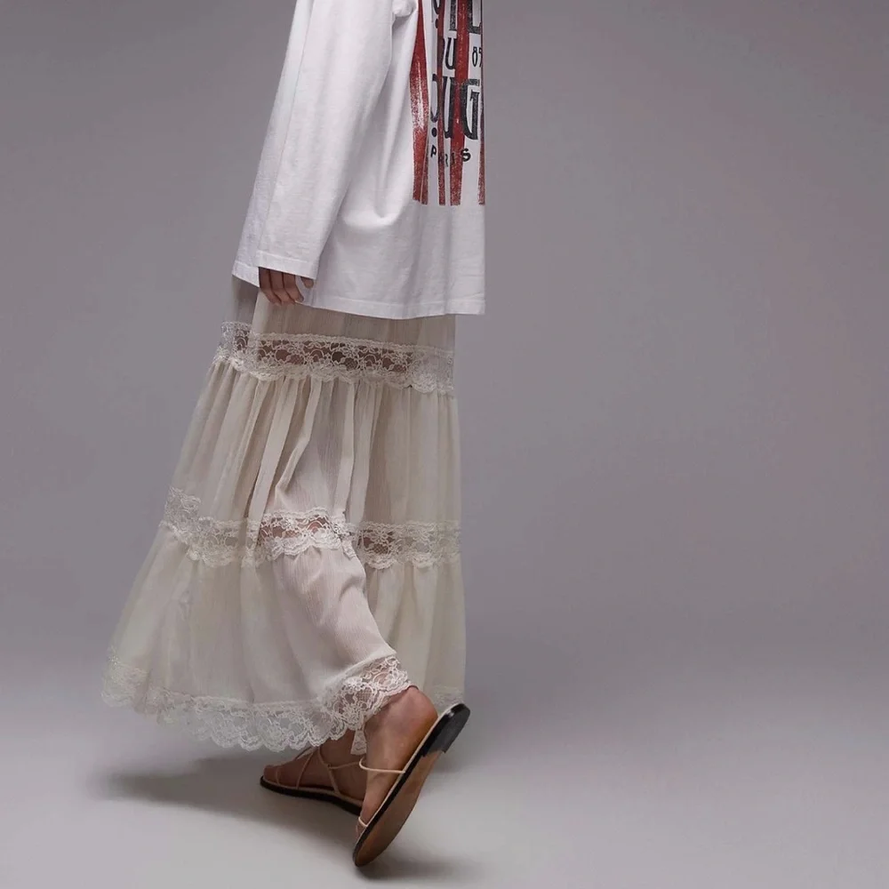 Topshop Sheer Maxi Skirt with Lace Inserts in Ivory - Picture 5 of 5